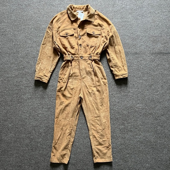 12th Tribe Pants - 12th Tribe Camel Brown Corduroy Button Up Long Sleeve Jumpsuit Women’s Small NWT